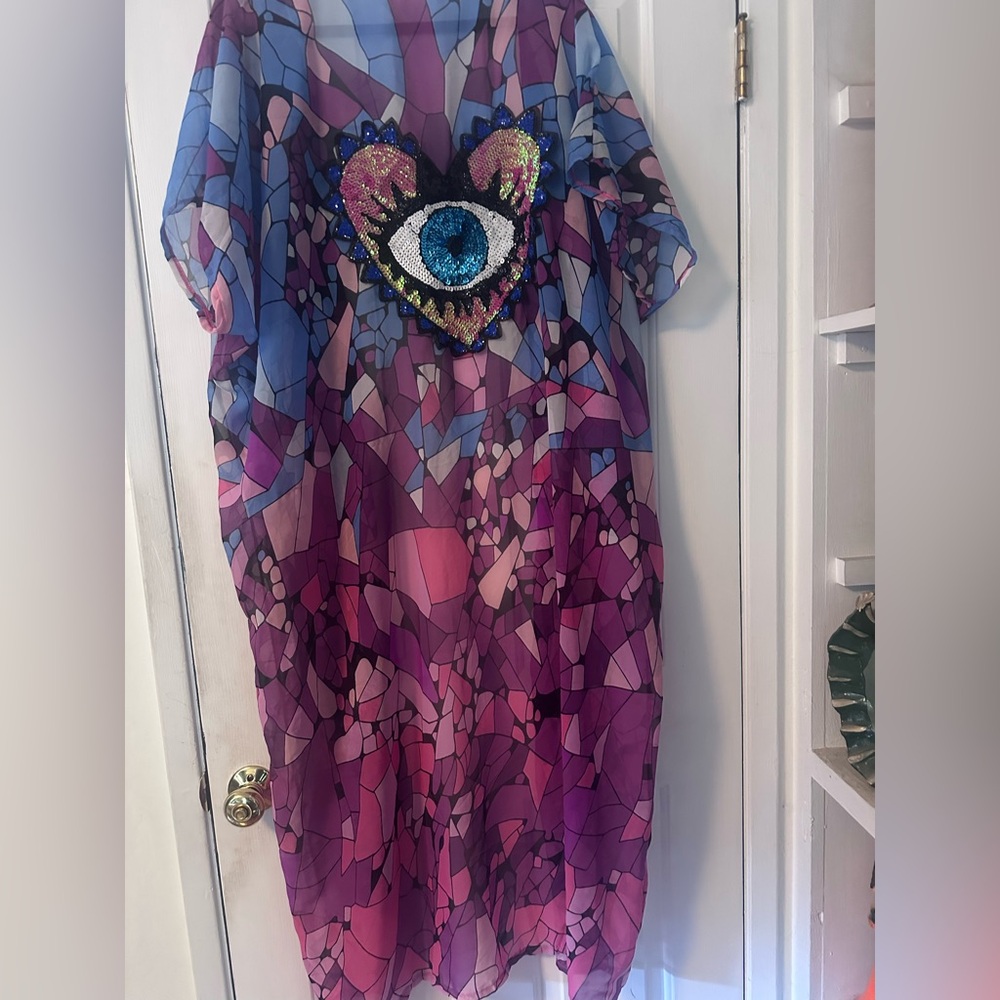 Sequin Eye Mosaic Print Kaftan - Purple & Blue